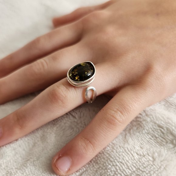 Sterling Silver and Green Amber Ring. Worn Once. Size 5 Adjustable - Picture 8 of 8